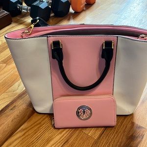 White, pink black purse